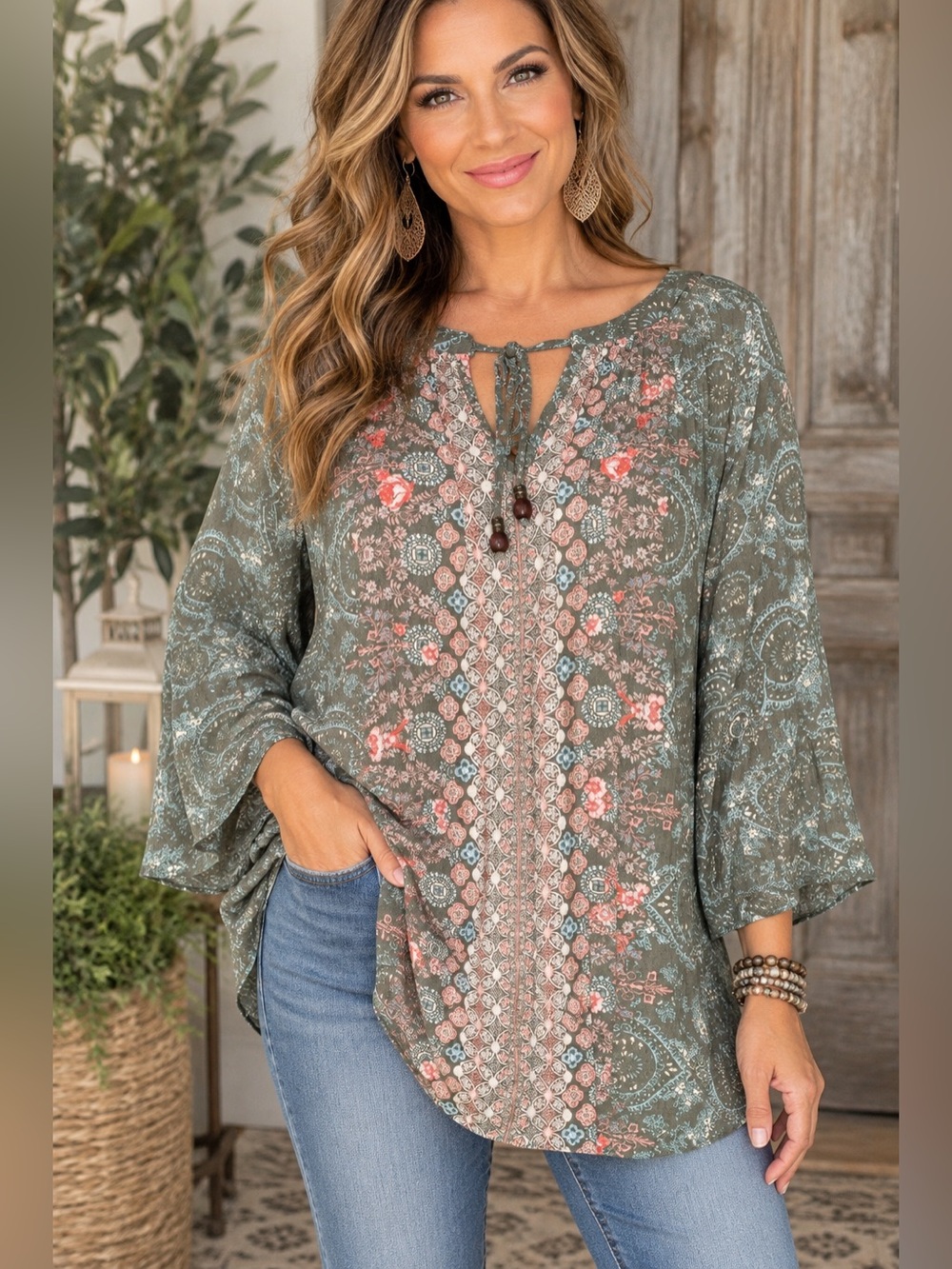 Mason & Belle 2X Boho Floral Paisley Rayon Tunic Blouse Green Pink A35